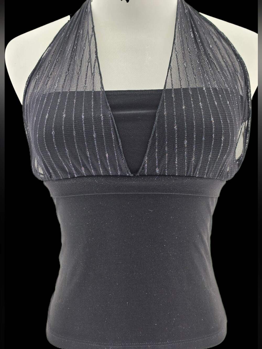 Black Halter Mesh-Detail Women's Tank Top